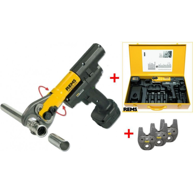 Rems Mini-Press ACC Li-Ion Basic-Pack ar akumulatoru darbināma radiālā prese ar automātisku atpakaļgājienu komplektā ietilpst 3 Mini presēšanas knaibles - M15, M18, M22 - gab.