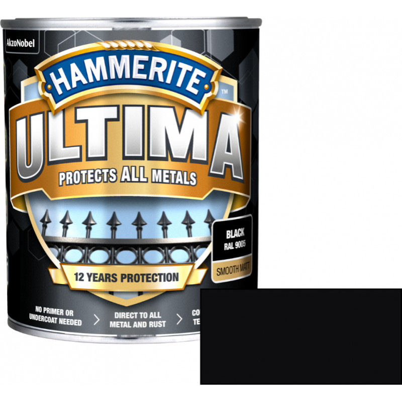 Hammerite Ultima Matt Matēta ūdens bāzes krāsa metāla virsmām, melna 0.7L