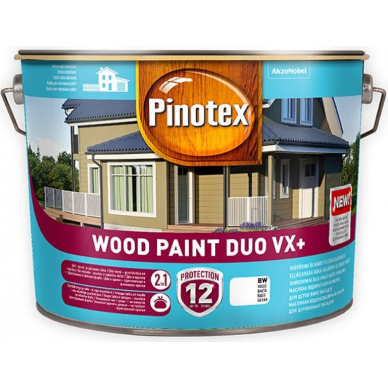 Pinotex Wood Paint Duo VX+ Ūdens bāzes eļļas krāsa koka fasādēm, pusmatēta BW 10L