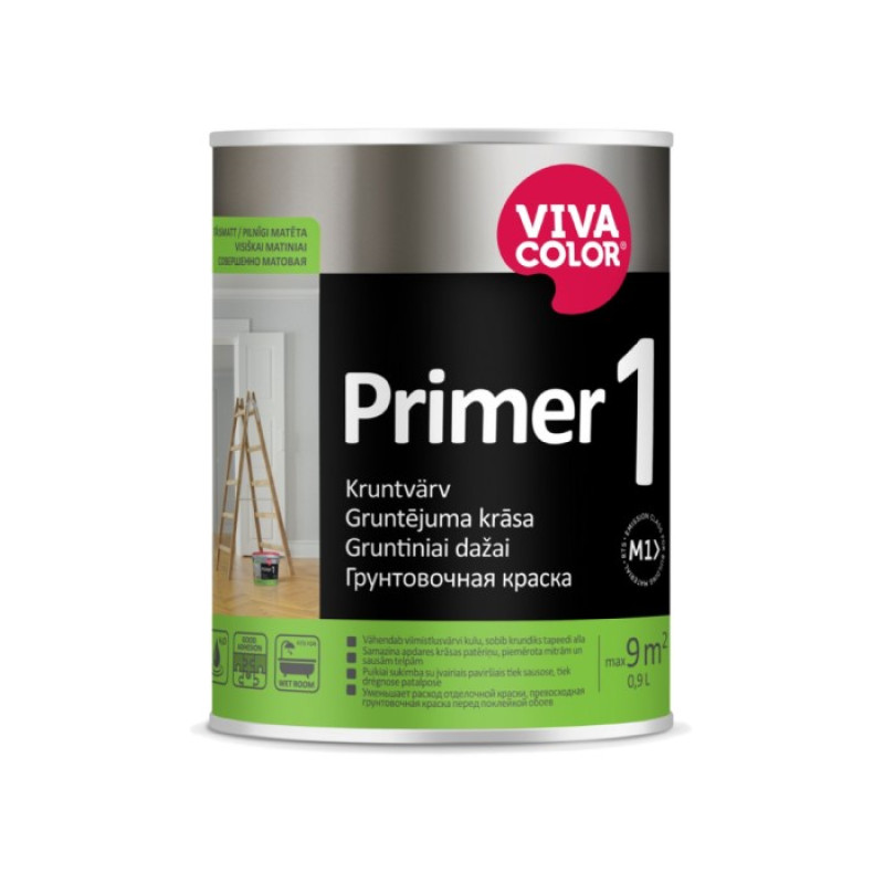 Vivacolor Primer 1 AP Ūūdens bāzes gruntējuma krāsa iekšdarbiem, pilnīgi matēta, balta 0.9L
