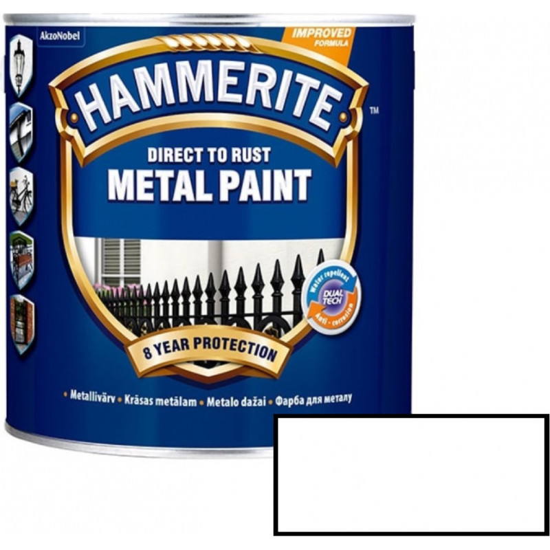 Hammerite Smooth Spīdīga aizsargkrāsa metāla virsmām, gluda virsma, balta 2.5L