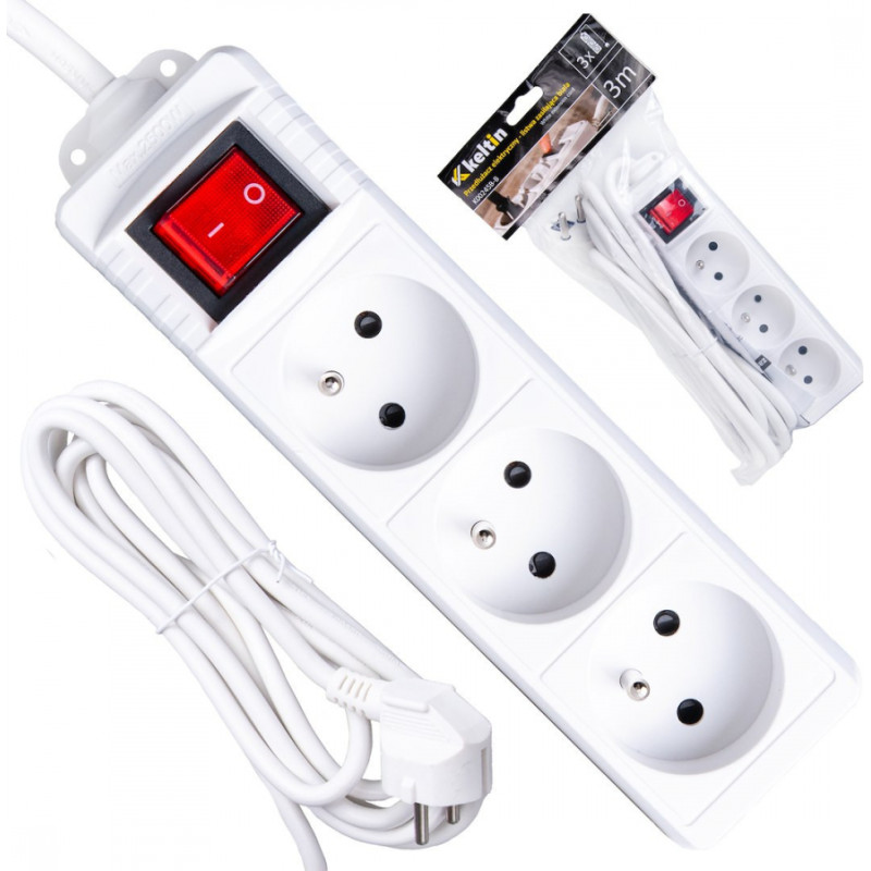 Geko Balts pagarinātājs ar slēdzi, Keltin, K00245B-B, 3 kontaktligzdas, 3 m, ar zemējumu