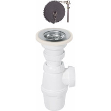 Wirquin Izlietnes sifons ar izplūdi un korķi ar ķēdi, bez noteces, plastmasas, 1.1/2 collas x 40mm, balts