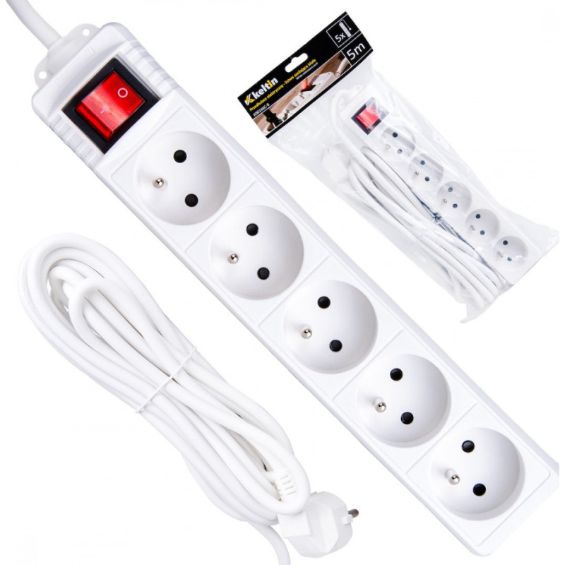 Geko Balta pagarinātāja vads ar slēdzi, Keltin, K00246C-B, 5 kontaktligzdas, 5m, ar zemējumu