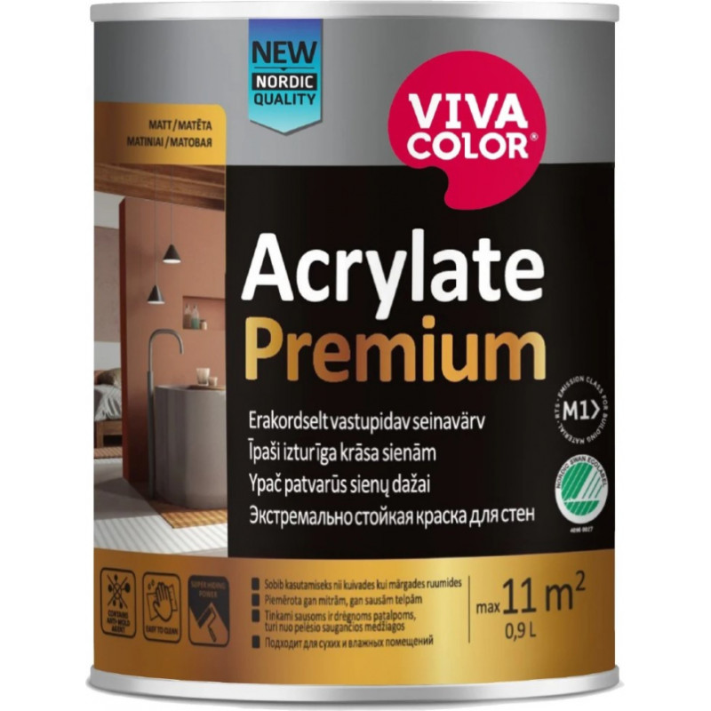Vivacolor Acrylate Premium A  Mitrumizturīga iekšdarbu krāsa ar pretpelējuma piedevām, matēta, 18L