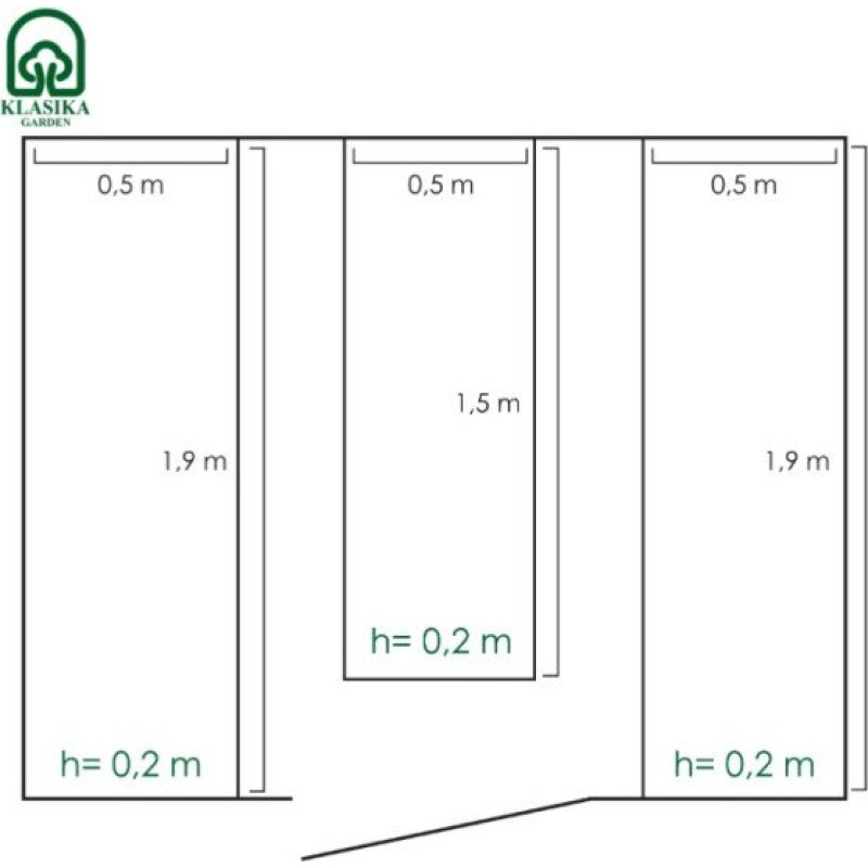PAAUGSTINĀTO DOBJU KOMPLEKTS KLASIKA GARDEN SILTUMNĪCĀM 2,35 - 2,5M PLATUMĀ 10M GARUMĀ, dobju augstums 20 cm / gab