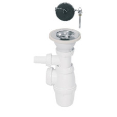 Wirquin izlietnes sifons ar izplūdi un korķi ar ķēdi, 1½ x 40 mm, bez noteces, ar pieslēgu, plastmasa, balts