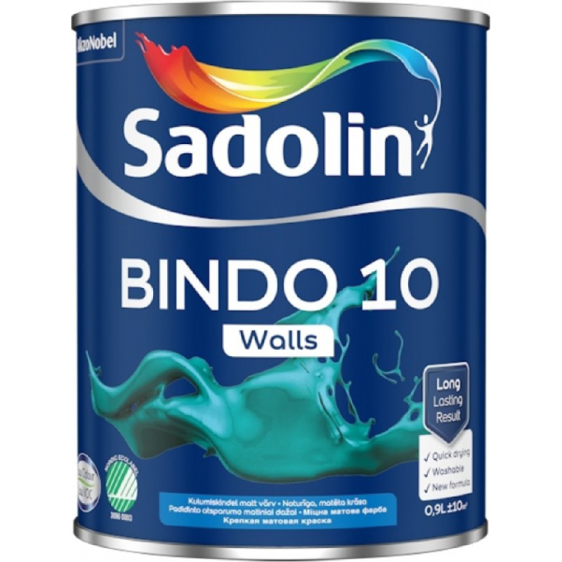 Sadolin Bindo 10 Noturīga pret mazgāšanu, matēta krāsa sienām BW  0.9L