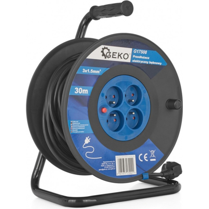 Geko Elektriskais pagarinātājs uz ruļļa, 30m, 4 kontaktligzdas, 3x1.5mm2, G17508, GEKO
