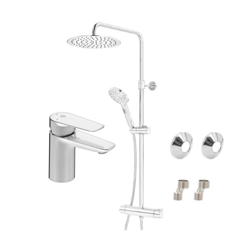 Gustavsberg komplekts-dušas sistēma ar termostatu Atlantic Round, izlietnes maisītājs, ekscentri, hroms