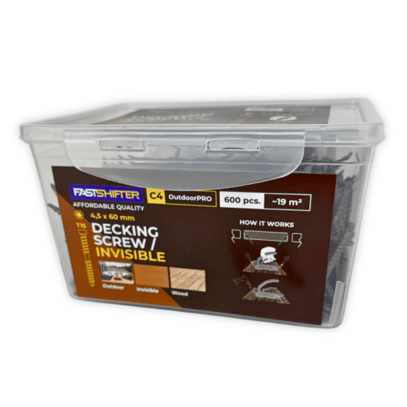 Terases koka skrūves Fastshifter Invisible C4 4.5×60 mm TX15, 600 gab/iepak. (komplektā ar uzgali) / gab