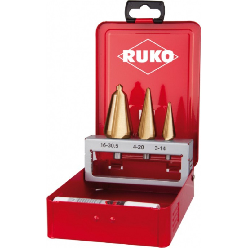 Ruko 3-jų kūginių HSS grąžtų su TiN danga rinkinys RUKO