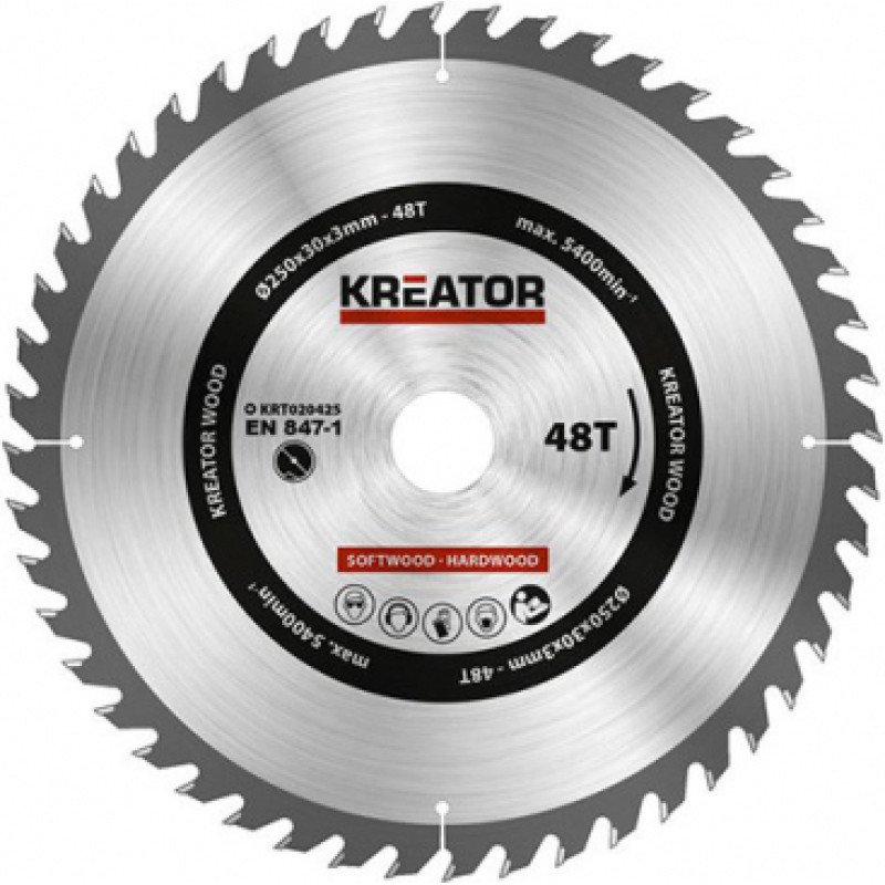 Kreator Zāģa ripa kokam 250x30x3.0mm, 48 zobi Kreator